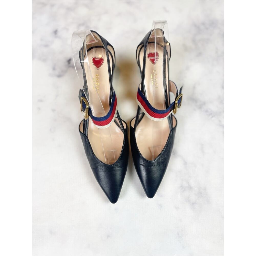 Gucci Unia Sylvie Web Strap Pumps Black Bamboo Kitten Heel 37.5 / 7.5 - Picture 4 of 11
